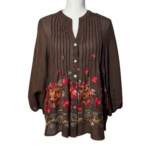 Figueroa & Flower Embroidered Pintuck Blouse M Brown Floral Boho
